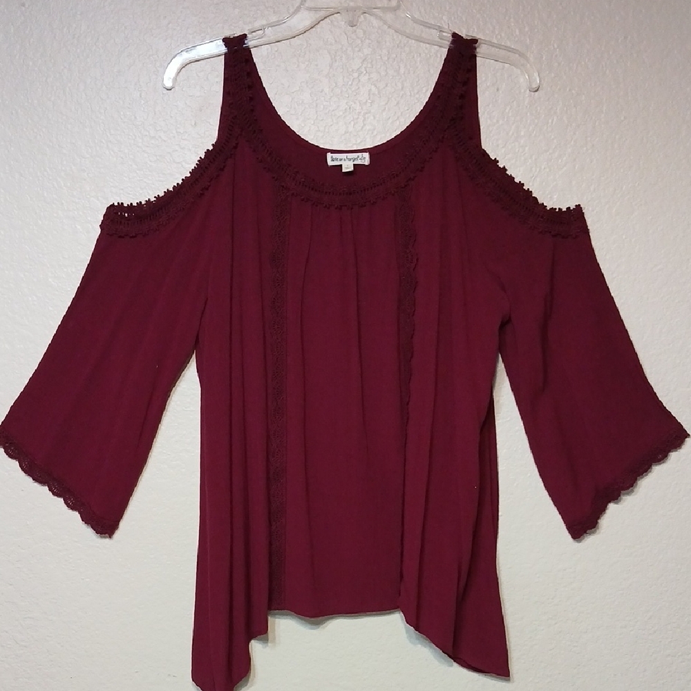 Love on a Hanger Wine Cold Shoulder Blouse